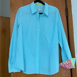 EUC Lilly Pulitzer turquoise gingham cotton blouse 14